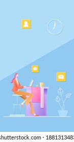 White collar vector poster illustration background of working overtime with computer chat at the desk