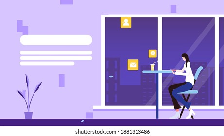 White collar vector poster illustration background of working overtime with computer chat at the desk