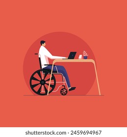 White collar worker with a disability sitting in wheelchair concentrating working on laptop in office