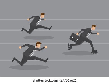 White collar workers in black suit racing on running track and a smart one carrying briefcase gets ahead by wearing inline skates. Creative vector cartoon illustration for business concept.