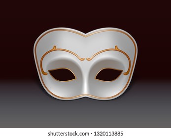 White colombina half-face mask decorated with golden ornament 3d realistic vector icon on black background. Venetian or Mardi Gras carnival, holiday masquerade, costumed party dressing illustration