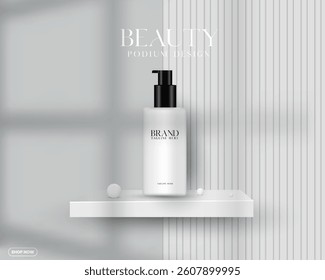 White color 3D realistic empty promotion cosmetic product sale podium design. Cosmetics advertisement background design vector with a window shadow overlay and white color. Product mockup template. 