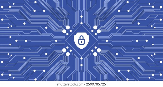 White Color Abstract Cyber Security Technology Concept Circuit Board illustration on A Blue Background - Vector Illustration for Modern Technology Concept