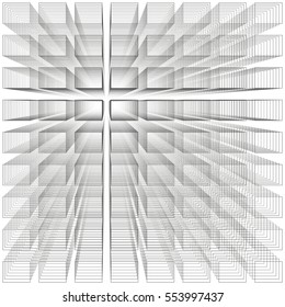 White color abstract infinity background, 3d structure with gray rectangles forming illusion of depth and perspective, vector illustration.