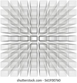White color abstract infinity background, 3d structure with gray rectangles forming illusion of depth and perspective, vector illustration