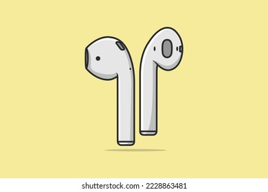 White Color Air Pods pair for smartphone vector illustration. Recreation technology objects icon concept. Wireless headphones pair vector design on yellow background.