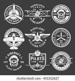 White color airplane emblem set with description of air show flying school pilots training vector illustration