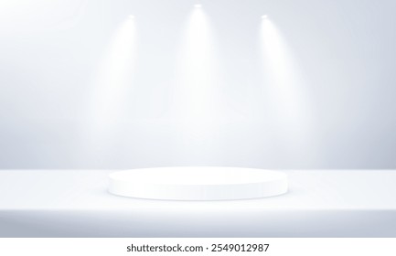 Weißer Hintergrund Vektor 3d mit Podium. Weißer Studioraum-Hintergrund. Leerer Raum mit Lichtwirkung. Platz für den Verkauf von Produkten auf der Website. Vektorgrafik.