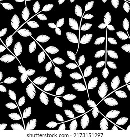 white color branch leaves seamless pattern on dark background. tropical seamless pattern. nature plants background illustration. nature wallpaper. foliage background. tropical leaves prints