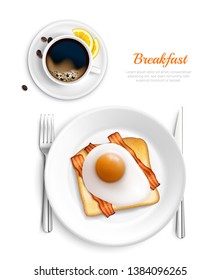 White color breakfast realistic top view composition with eggs and bacon plate vector illustration