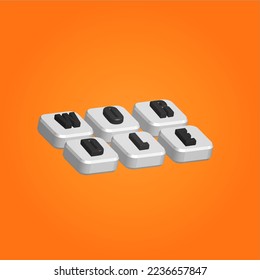 white color button with letter on it black color, orange gradient background focus,wordle elelment text 3d object vecter.