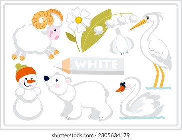 White color cartoon illustration for learning colors. Cute white objects set for kids: ram, sheep, heron, swan, polar bear, lily of the valley, chamomile, garlic, snowman.