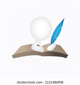 white color cartoon man writing with blue color feather vector.best for presentations, book covers.
