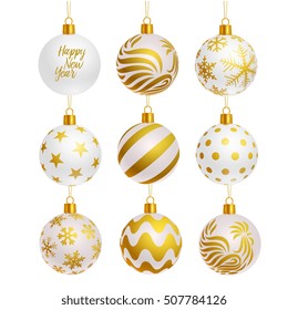 white color christmas balls icon set, realistic style, vector illustration.