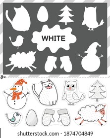 White color. Cut the elements and match them with the right shadows. Learning color white educational game for kids. Cut and paste activity for toddlers. Vector illustration