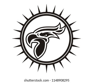 white color eagle head line art silhouette shape like tattoo logo design illustration for sport team need, like football, baseball, soccer, basketball, hockey with circle like sun on background