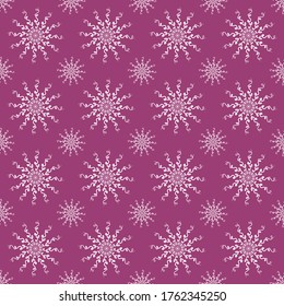 White color flat hand drawn style spiral line art abstract floral seamless pattern on purple background for wallpaper and textile. Contemporary folk element ethnic endless fabric for tile.