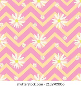 White color floral patterns on purple yellow zigzag lines, vector
