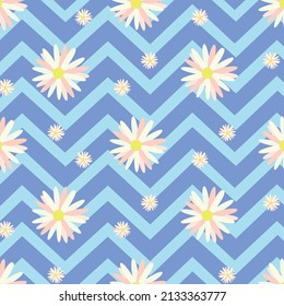 White color floral patterns on blue zigzag lines, vector