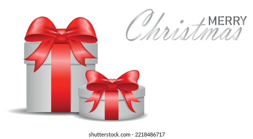 White color gift box. Realistic gift box, with the red satin bow, isolated of background. Present box, tied with red wrapping ribbon. Vector illustration, no raster