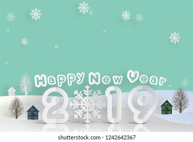 White color Happy New Year 2019 Text on Home and Tree in white snow in paper cut style