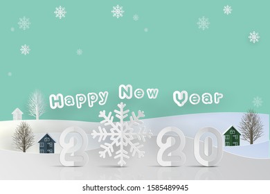 White color Happy New Year 2020 Text on Home and Tree in white snow in paper cut style