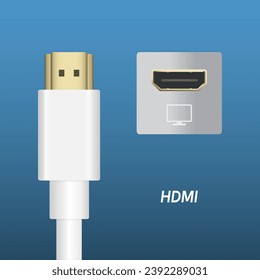 white color HDMI port connection cable digital video port standard vector illustration on Blue background. Eps10 vector.