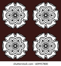 White color illustration. Vector geometric background. White pattern on brown and white background with doodles elements. For your design, wallpaper.