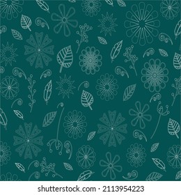 white color leaf and flower patterns on green background, vector