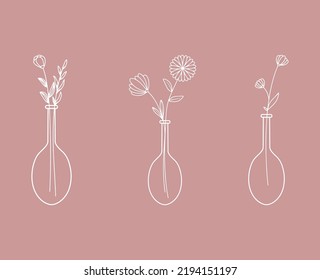 White Color Line Art Flower in Vase Pink Background
