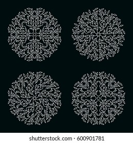 White color logo design, isolated templates on black background. Circle made emblems with leaves. Spa concept monograms in linear style. Vector decoration for fashion, cosmetics, beauty industry.