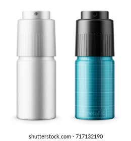 White and color metal deodorant spray bottles with metallic finish. 40 ml. Realistic packaging mockup template. Front view. Vector illustration.