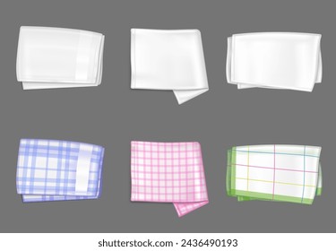 White and color napkin set isolated on gray background. Vector realistic illustration of folded bleached kitchen tablecloth after laundry, blue, pink, green color checkered picnic towels, home textile