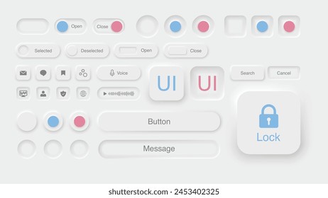 White color and Neomorphism design style buttons. User Interface UI Elements. Vector Set of UI Icons for Mobile, Web, Social Media, and Business. Neumorphism and Flat style. Vector.