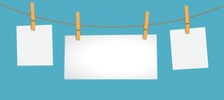 White Color Note Paper Card Hanging With Wooden Clip Or Clothespin On Rope  Isolated On Blue Background. 3D Illustration, Vector