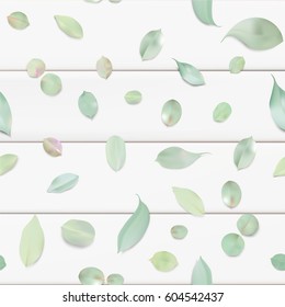 White color pastel spring macro background. Rose leaves on wooden table seamless pattern illustration template