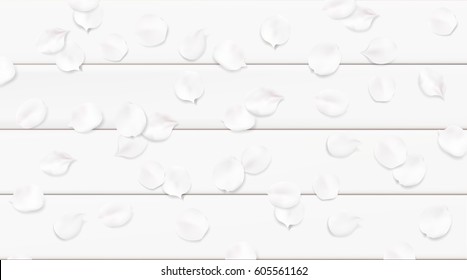 White color pastel spring macro background. apple tree flower blossom petals on wooden table illustration