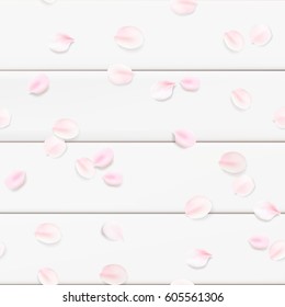 White color pastel spring macro background. Rose flower blossom petals on wooden table seamless pattern illustration template