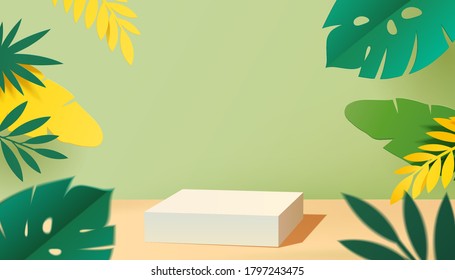 White color podium to display produce with leaves elements in 3d illustration