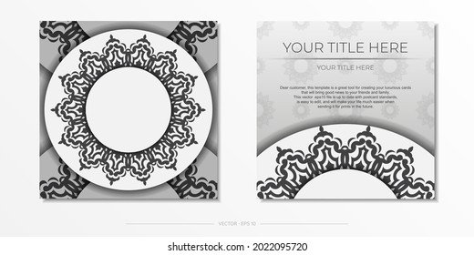 White color postcard template with black ornaments. Print-ready invitation design with mandala patterns.