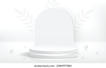 White color Product showcases background art. Realistic natural product podium design with gray background and leaf. Pearl Vector Art. Natural cosmetics. Abstract podium design. Circle shape.