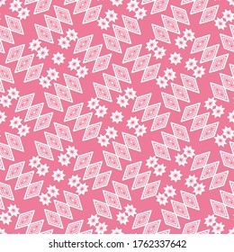 White color rhombus shape floral motif flat seamless pattern on deep pink background for wallpaper, packaging and textile.