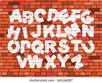 White color roller brush graffiti alphabet on the old brick red wall background. Vector font set