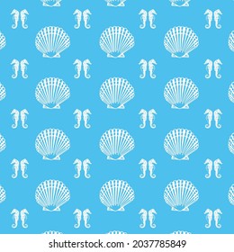 white color seashell and seahorse patterns on blue background, vector, decorative, fabric, textile, design, backdrop, notebook bag