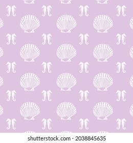 white color seashell and seahorse patterns on pink background, vector, decorative, fabric, textile, design, backdrop, notebook bag