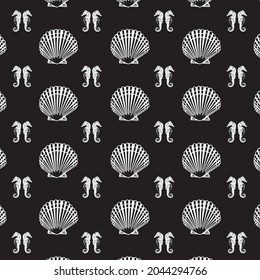 patrones de conchas marinas de color blanco y caballitos de mar sobre fondo negro, vector, decorativo, tela, textil, diseño, fondo, bolso de cuaderno
