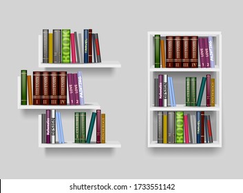 white color shelves and bookcase illustration with different books. Shelf for a white background, accessory display stand, retail display stand 