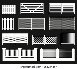 White color silhouettes of fences on black background. Simple vector icons.