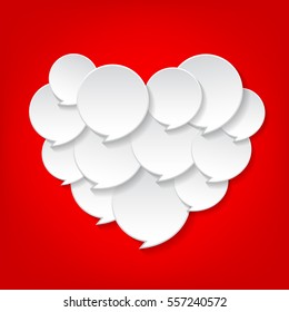 White color of speech bubble on heart shape. Isolated on red background.