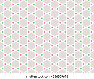 White color structure molecule mesh on gray color background, pink and green color dot seamless pattern background vector.